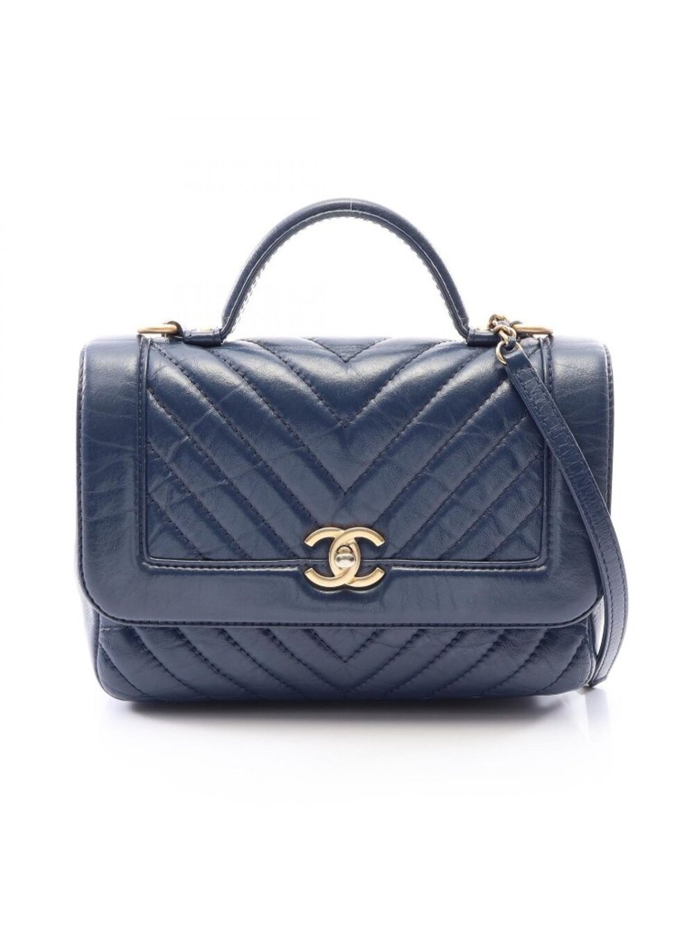 Chanel Shoulder Bag Blanc Stitch Top Handle 2-Way Navy Leather Flap